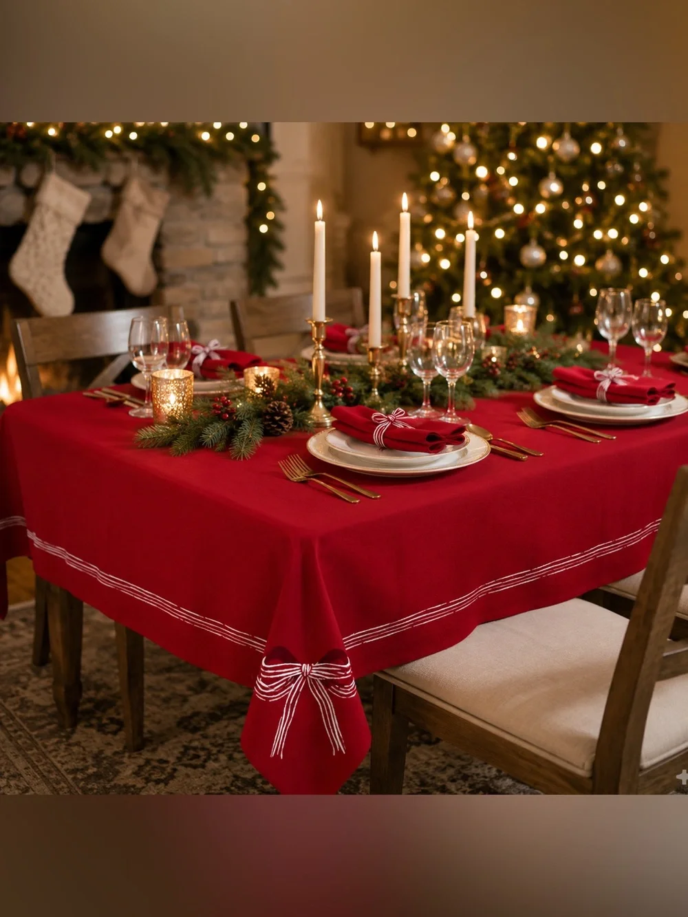 Threshold Red Christmas Tablecloth White Bow Trim Holiday Rectangular 104x60